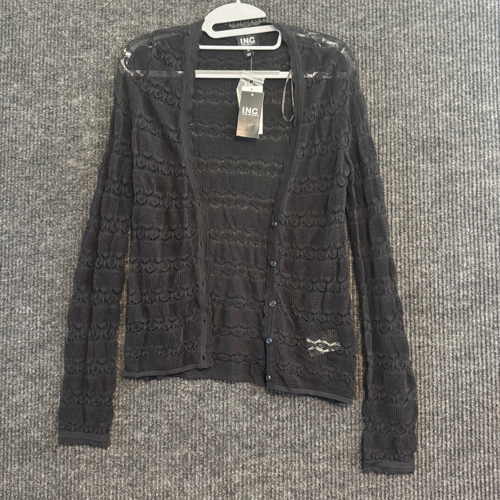 INC Cardigan Women XS Black Crochet Open Knit V-Neck Button Front Long Sleeve
